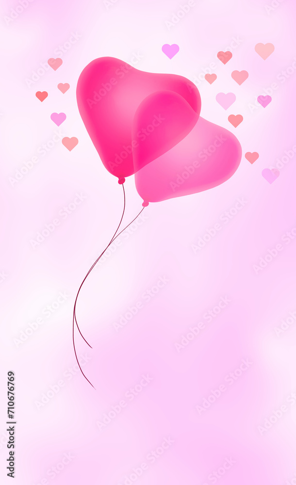 valentines card with two pink heart shaped balloons in a pink clouds amd many little hearts around, portrait format