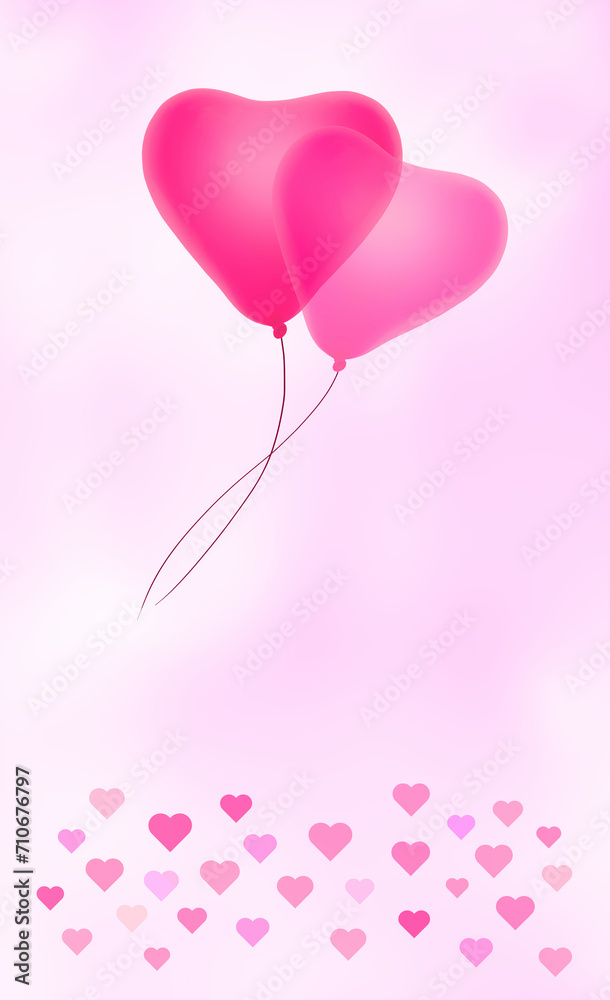 valentine card, two pink heart-shaped balloons in pink sky over many small hearts, portrait format