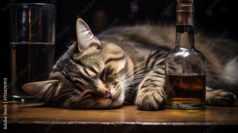 Drunk Tabby Cat Beside Whiskey Bottle and Glass