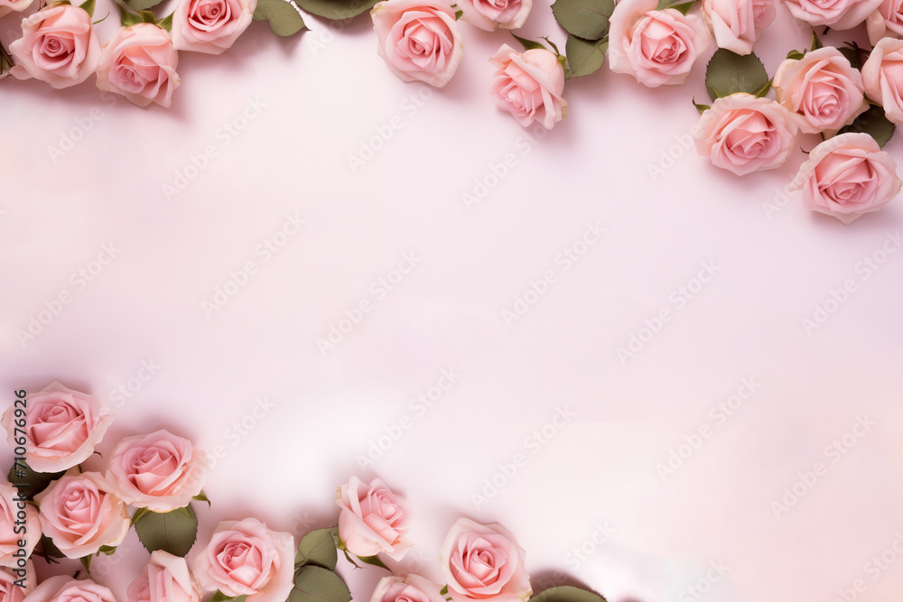 Beautiful pink rose flowers border. Romantic gift wallpaper with space for text. Light gentle pink color bouquet garden roses photo banner top view