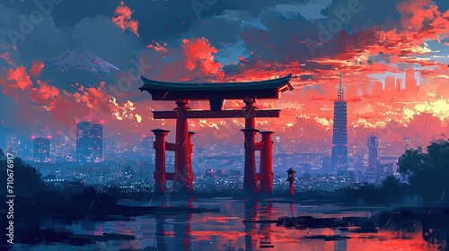 Illustration Landscape of red torii gate and city skyline. Digital painting