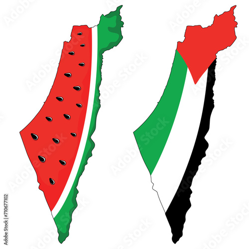 Palestine Map Watermelon and Palestinian Map with Flag, Set of two Maps Vector Illustration graphic art isolated on white (ID: 710677102)