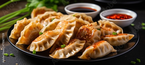 Delicious fried asian dumplings gyozas potstickers with soy onion sauce on white plate