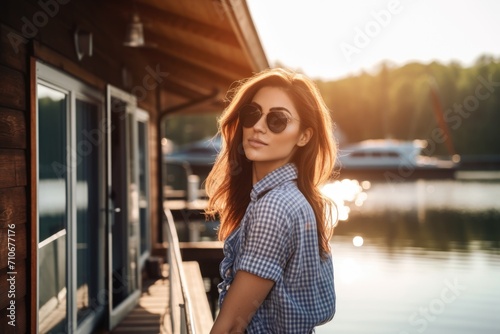 Photo shot of an attractive young woman standing on the dock at a boathouse