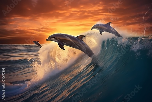 A group of playful dolphins riding the waves, their sleek bodies breaking through the ocean's surface. photo