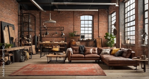 An image of an industrial loft space with exposed brick walls, distressed wooden flooring, repurposed metal fixtures, and handcrafted furniture blending ruggedness with artistic flair - Generative AI