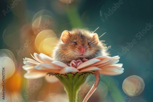 a mouse sleeping in a flower, bokeh