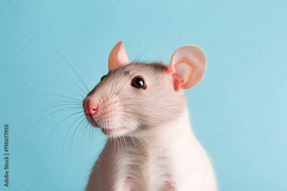 cute mouse standing isolated on blue background, with copy space for text