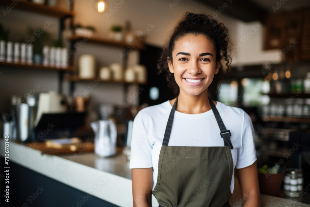 Young woman selling baked goods in a craft cafe. Young woman selling baked goods in a craft cafe.