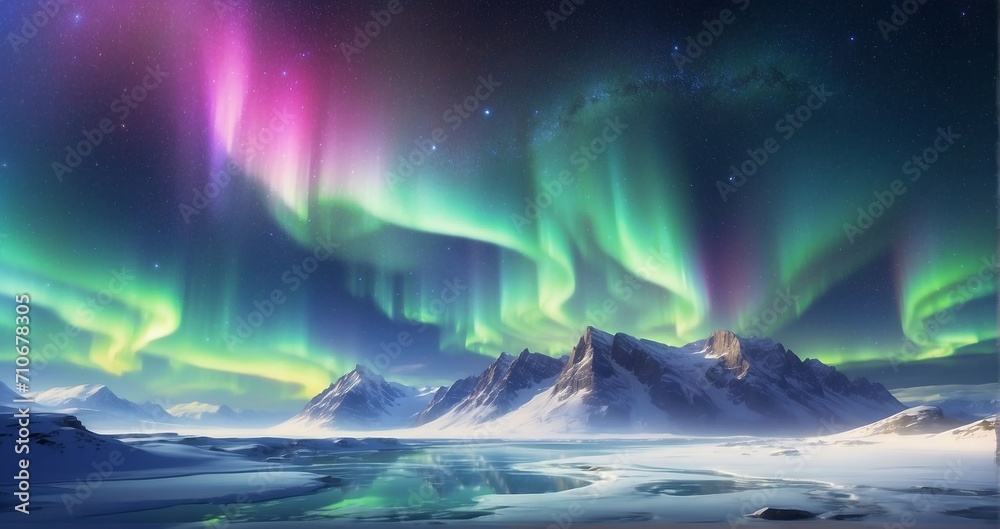 An image of the aurora borealis dancing over a snowy tundra landscape, with a backdrop of star-filled skies and icy expanses. AI Generative