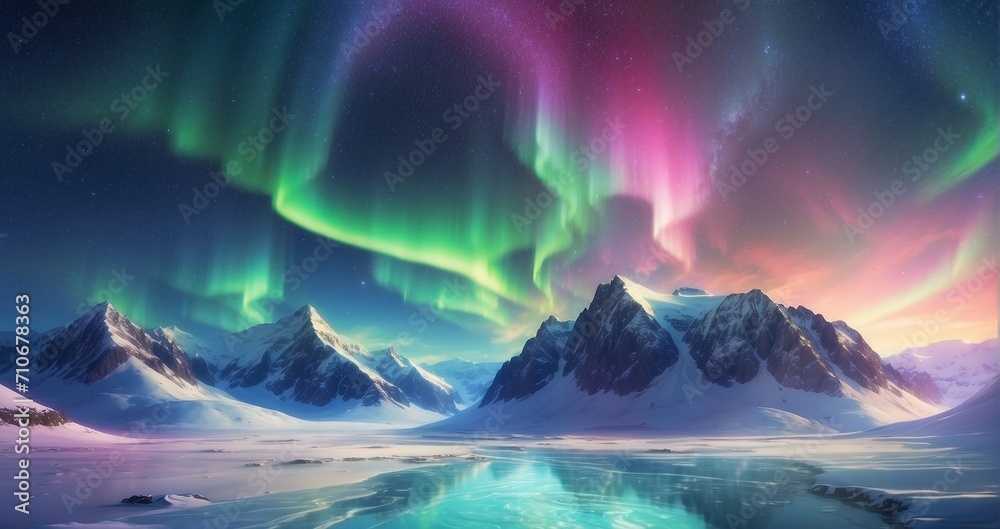 An image of the aurora borealis dancing over a snowy tundra landscape, with a backdrop of star-filled skies and icy expanses. AI Generative