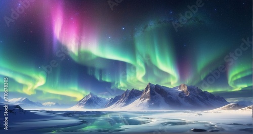 An image of the aurora borealis dancing over a snowy tundra landscape, with a backdrop of star-filled skies and icy expanses. AI Generative
