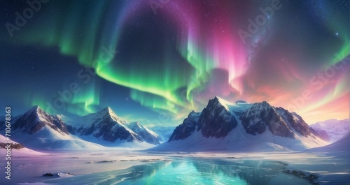 An image of the aurora borealis dancing over a snowy tundra landscape  with a backdrop of star-filled skies and icy expanses. AI Generative