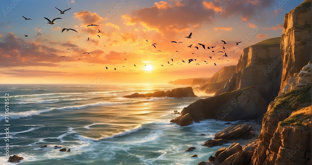 An image of the sun rising over rugged seaside cliffs, casting a warm ...