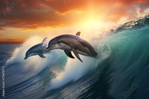 A group of playful dolphins riding the waves, their sleek bodies breaking through the ocean's surface. © Animals