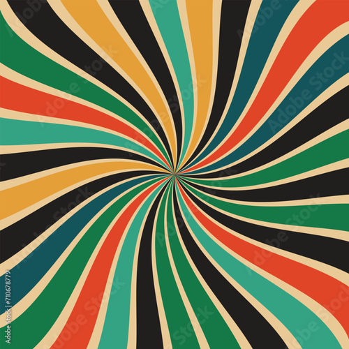 retro starburst sunburst background pattern and grunge textured vintage color palette of orange yellow and blue green in spiral or swirled radial striped vector