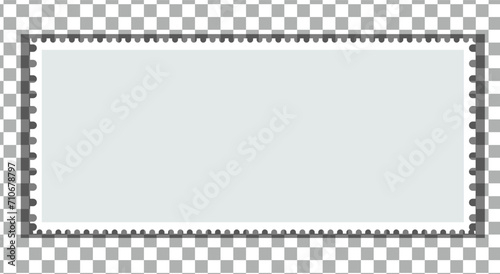 Horizontal post stamp. Empty mail stamp. Postage perforated label. Postal rectangular frame. Blank border for envelope letter. White paper postmark isolated on gray background. Vector illustration photo
