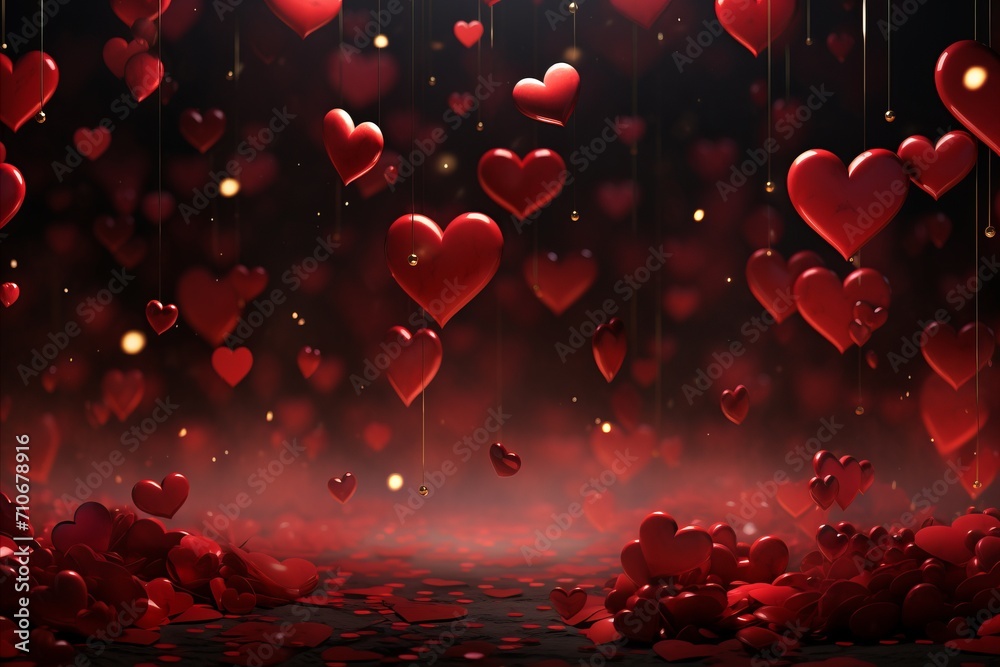 Red passion hearts, dark atmosphere background - obrazy, fototapety, plakaty 