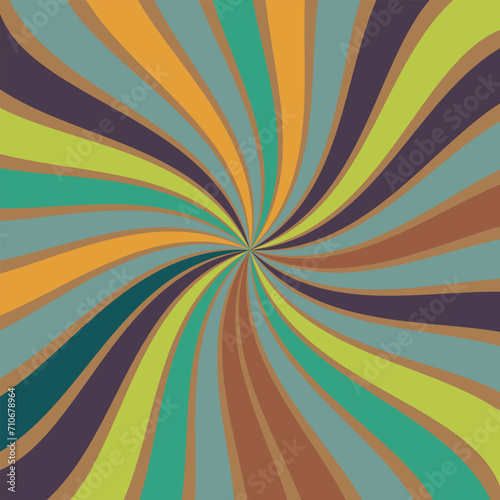 retro starburst sunburst background pattern and grunge textured vintage color palette of orange yellow and blue green in spiral or swirled radial striped vector