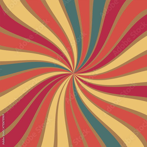 retro starburst sunburst background pattern and grunge textured vintage color palette of orange yellow and blue green in spiral or swirled radial striped vector © Color CF ID: #35219