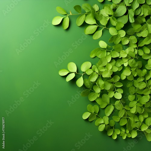 Fresh moringa leaves on green background. Top view with copy space.