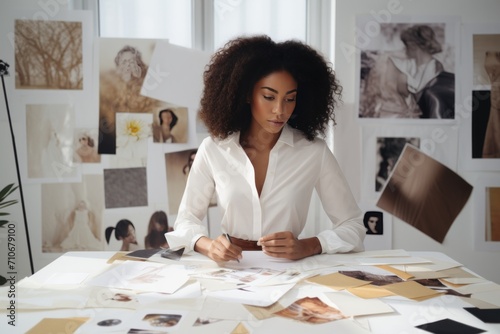 a young motivated and focused dark-skinned woman journalling and making her vision board to manifest her dreams and plans, in a white room full of pictures, images, cliparts and visual resources photo