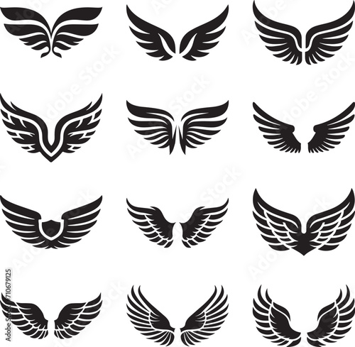 Black and white simple wing icons vector set and design feather wings bundle svg and eps emblems line art silhouettes photo