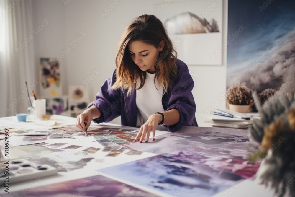 Fototapeta premium a young motivated and focused woman journalling and making her vision board to manifest her dreams and plans, in a white room full of pictures, images, cliparts and visual resources