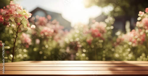 Empty wooden table in front of blurred spring or summer garden background. Banner for design.Can be used mock up for display or montage your products.Gardening season concept.Generative AI