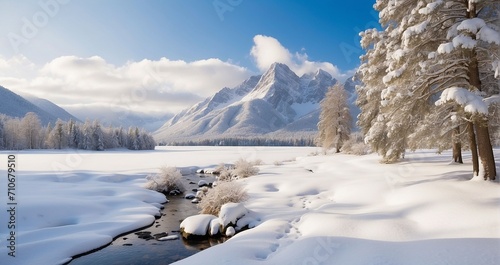 The quiet beauty of a landscape covered in fresh snow - Generative AI