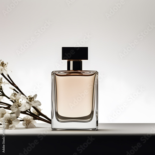 a bottle of perfume next to a white flower