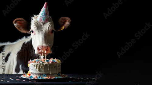 Picture of a cow wearing a birthday hat in front of a birthday cake isolated on black background  © d-AI-n