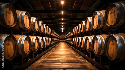 Barrels for wine or cognac in the basement of a winery, wooden barrels for wine in perspective. wine cellars. antique oak barrels with craft beer or brandy