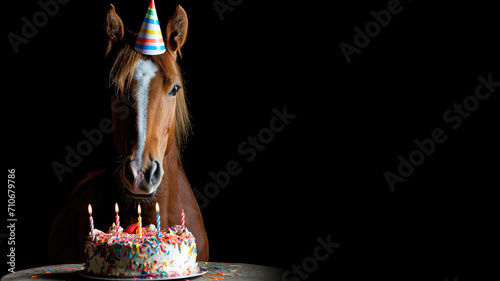 A horse wearing a birthday hat in front of a birthday cake isolated on black background photo