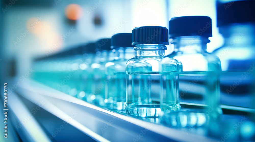 Row of Bottles on Shelf in Pharmacology Industry. Bottles with medicines on the conveyor. Selective focus. Close-up. Row of Bottles on Shelf in Pharmacology Industry. Bottles with medicines on the conveyor. Selective focus. Close-up.