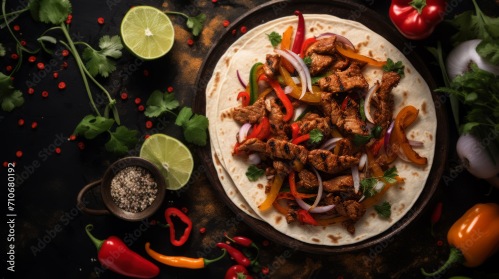 Fajitas with colorful bell peppers in pan a - obrazy, fototapety, plakaty 
