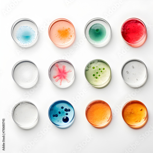Petri dishes with different liquid samples on white background, top view.