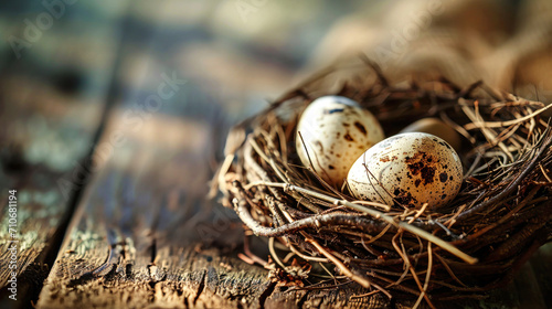 A vibrant birds nest, filled with colored eggs, resting on a rustic wooden table.