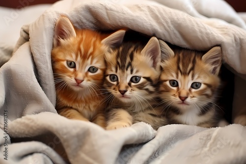 A group of tiny kittens cuddled up in a fluffy blanket.