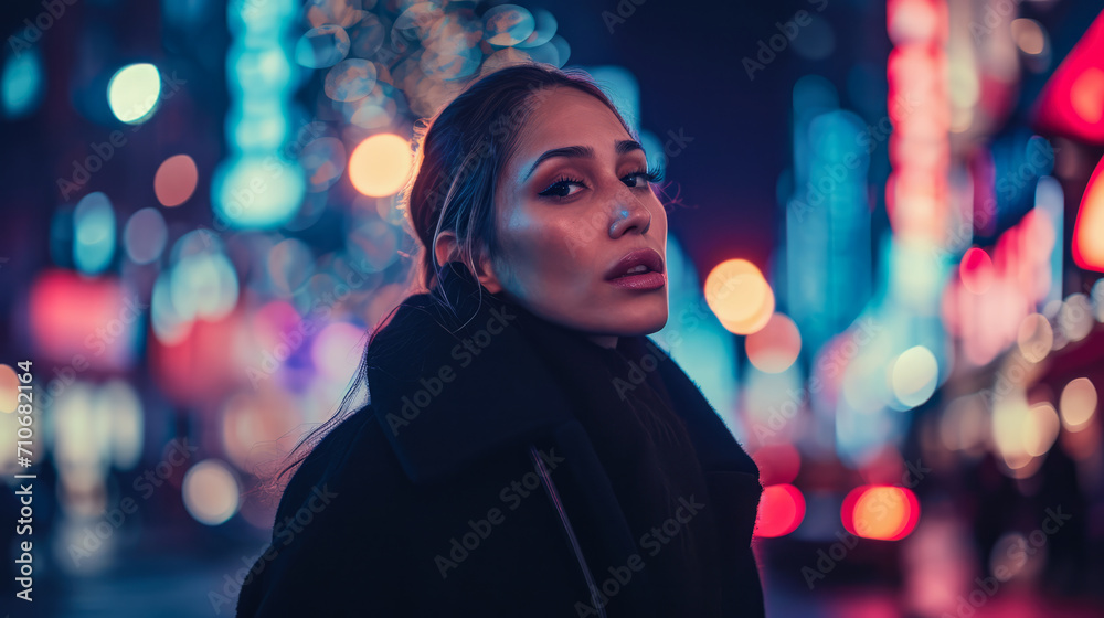 Middle aged woman with a cityscape background