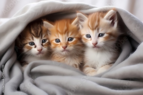 A group of tiny kittens cuddled up in a fluffy blanket.