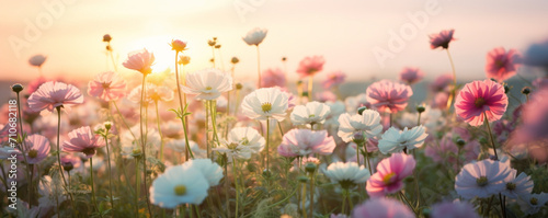 sunset pink flower colorful violet beautiful blooming background meadow nature field. © Natalia Klenova