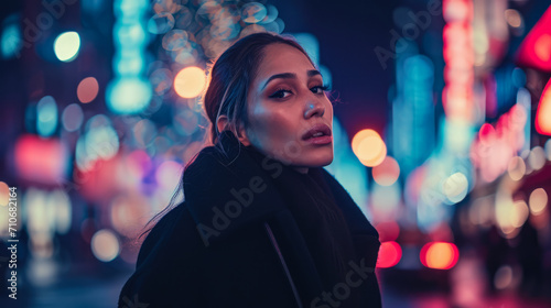 Middle aged woman with a cityscape background