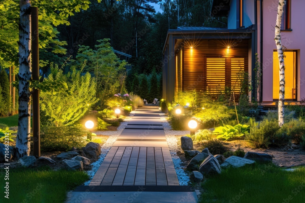 Modern house exterior at night with illuminated garden pathway and ...