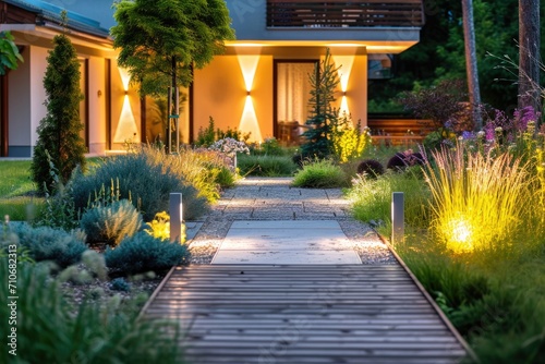 Modern house exterior at night with illuminated garden pathway and landscaping photo