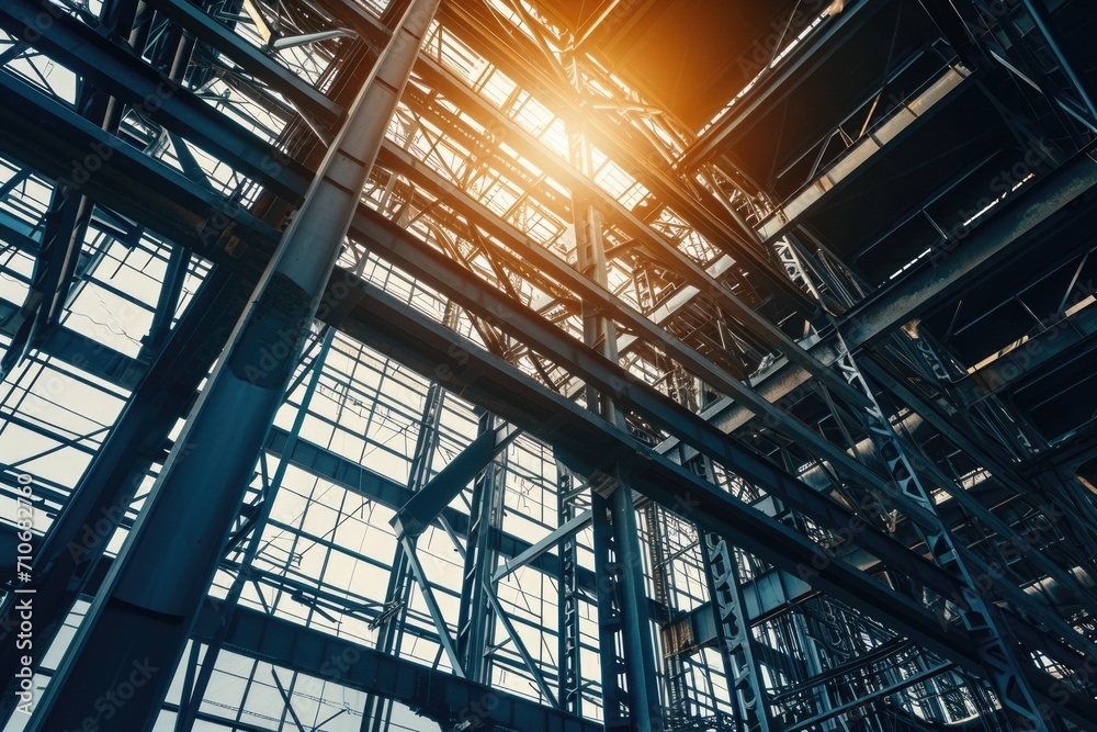 Construction site of a steel structure building at sunset Construction site of a steel structure building at sunset