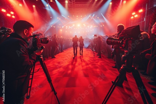 Red carpet event photography with cameras and bokeh lights