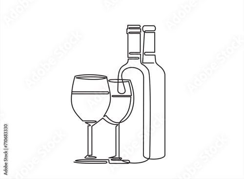 Bottle of wine and wineglass in continuous line art drawing style. Minimalist black linear sketch isolated on white background. Vector illustration