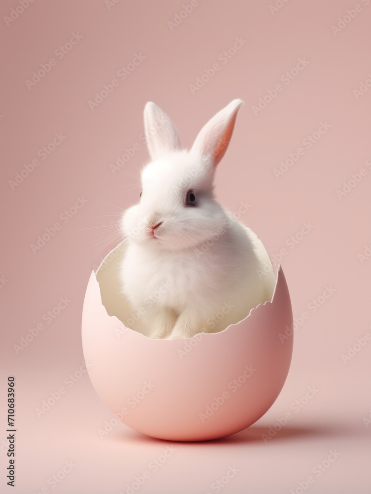 Obraz premium A pure white bunny nestled within a pink egg emits a serene and peaceful presence on a matching background