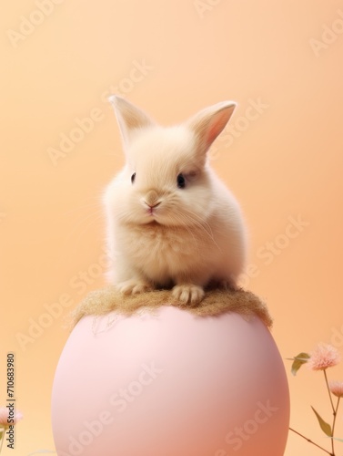 Cute bunny rabbit perched on top of a soft pastel-colored egg against a warm background © Glittering Humanity